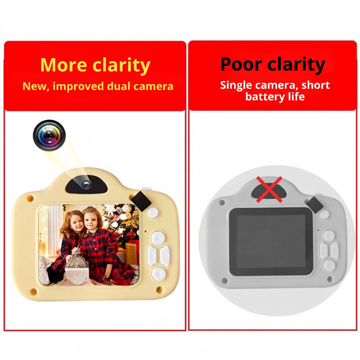 More clarity. New, improved dual camera. Poor clarity. Single camera, short battery life