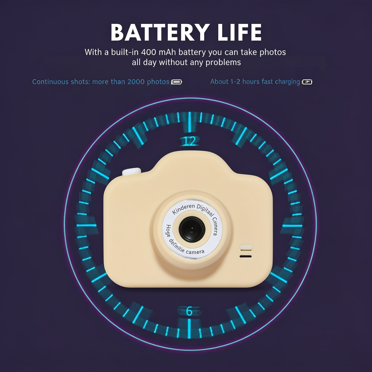 BATTERY LIFE. With a built-in 400 mAh battery you can take photos all day without any problems. Continuous shots: more than 2000 photos. About 1-2 hours fast charging