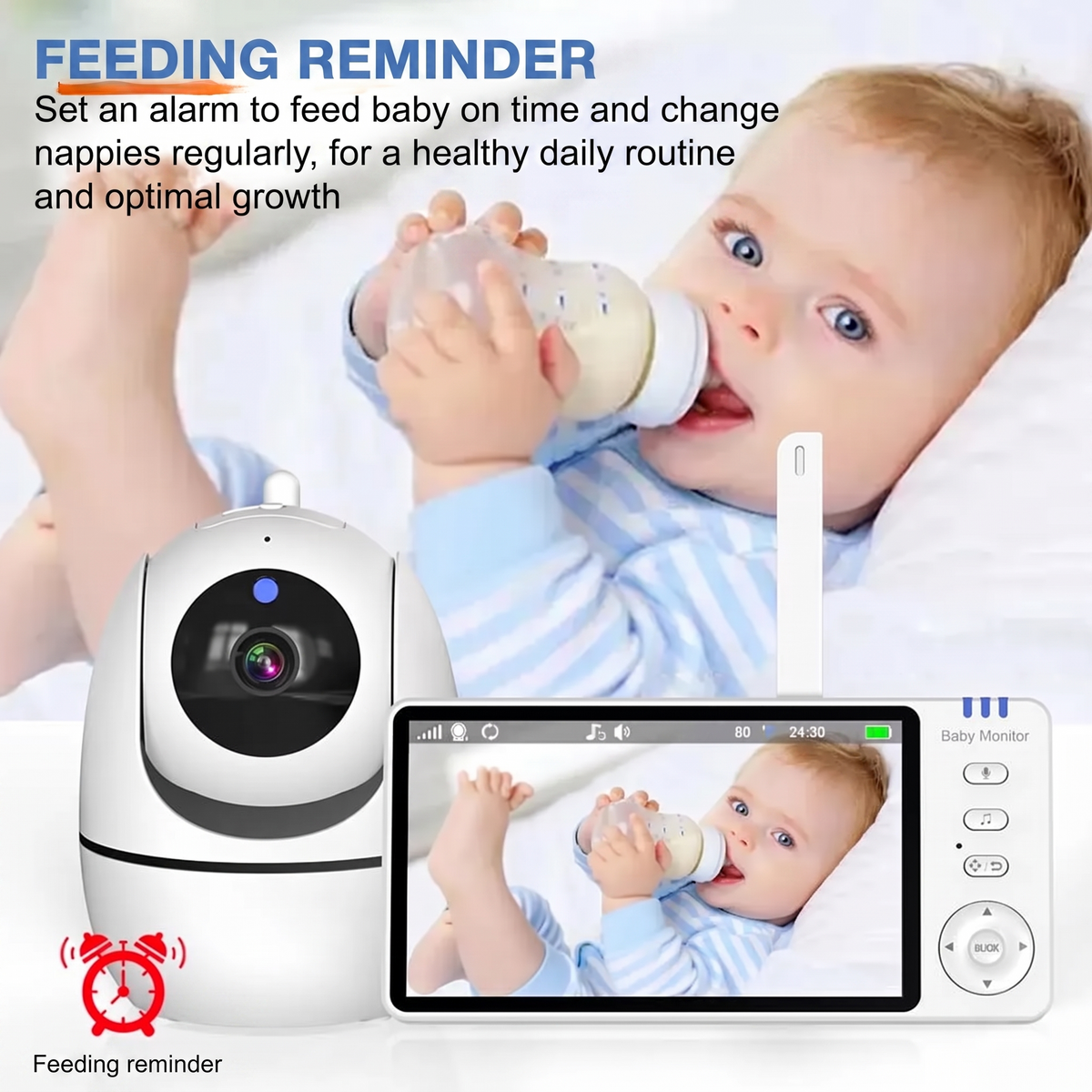 FEEDING REMINDER. Set an alarm to feed baby on time and change nappies regularly, for a healthy daily routine and optimal growth. Feeding reminder