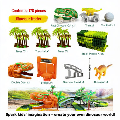 Contents: 178 pieces. Dinosaur Tracks. Fast Dinosaur Car x1. Train x1. Trackball x1. Trees X4. Track Pieces X165. Double Door x1. Bridge X4. Dinosaur Head x1. Dinosaur x1. Track Length: 225 cm (88.8 inch). Spark kids' imagination – create your own di
