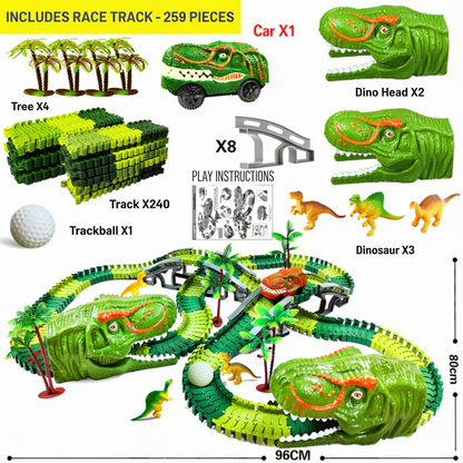 INCLUDES RACE TRACK - 259 PIECES. Car X1. Tree X4. Track X240. Trackball X1. X8. PLAY INSTRUCTIONS. Dino Head X2. Dinosaur X3. 80CM. 96CM