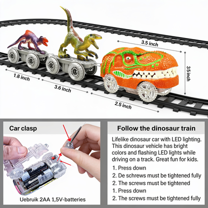 Follow the dinosaur train. Car clasp. Lifelike dinosaur car with LED lighting. This dinosaur vehicle has bright colors and flashing LED lights while driving on a track. Great fun for kids.. 2 inch. 1.8 inch. 3.6 inch. 2.6 inch. 1.83 inch. 3.5 inch. U