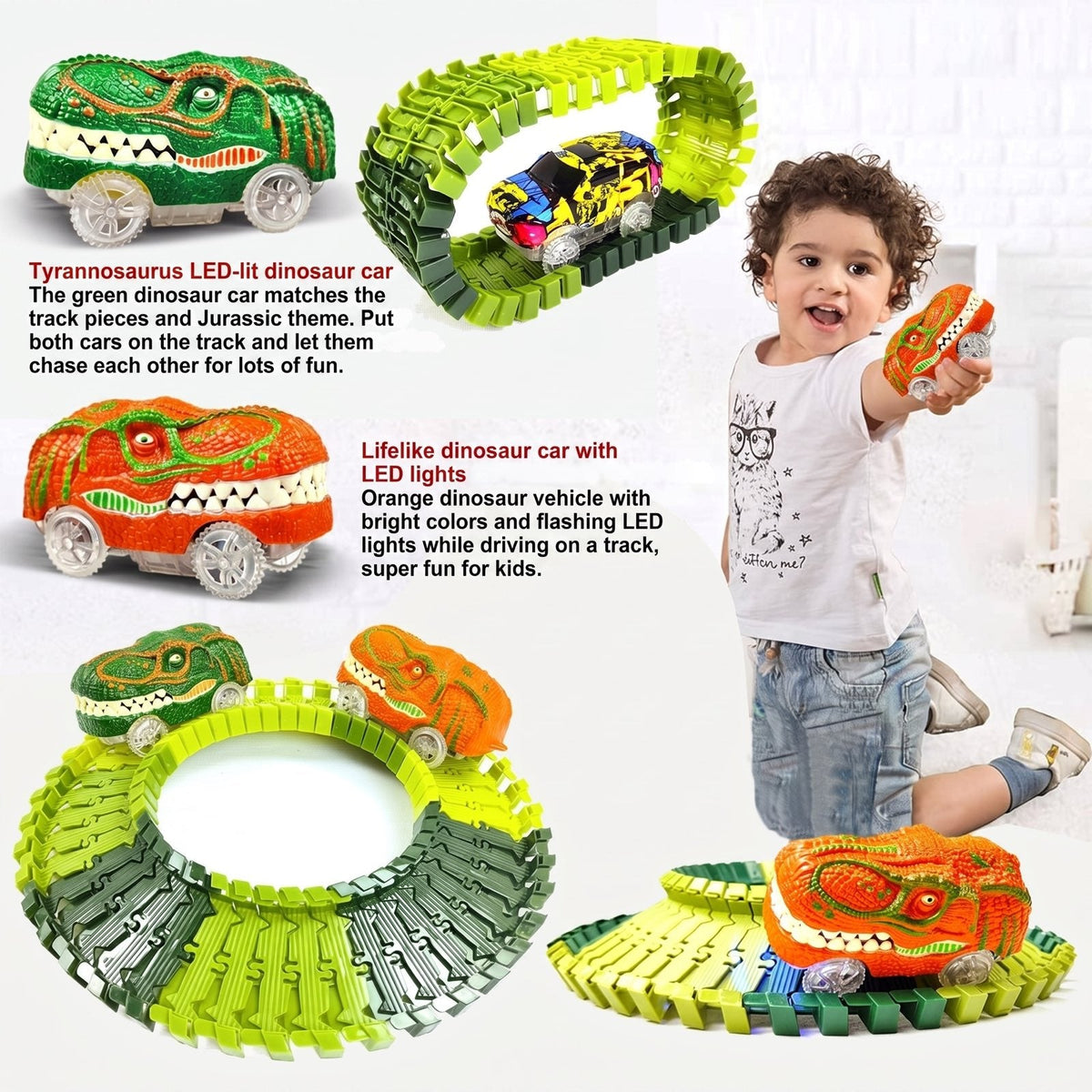 Tyrannosaurus LED-lit dinosaur car. The green dinosaur car matches the track pieces and Jurassic theme. Put both cars on the track and let them chase each other for lots of fun.. Lifelike dinosaur car with LED lights. Orange dinosaur vehicle with bri