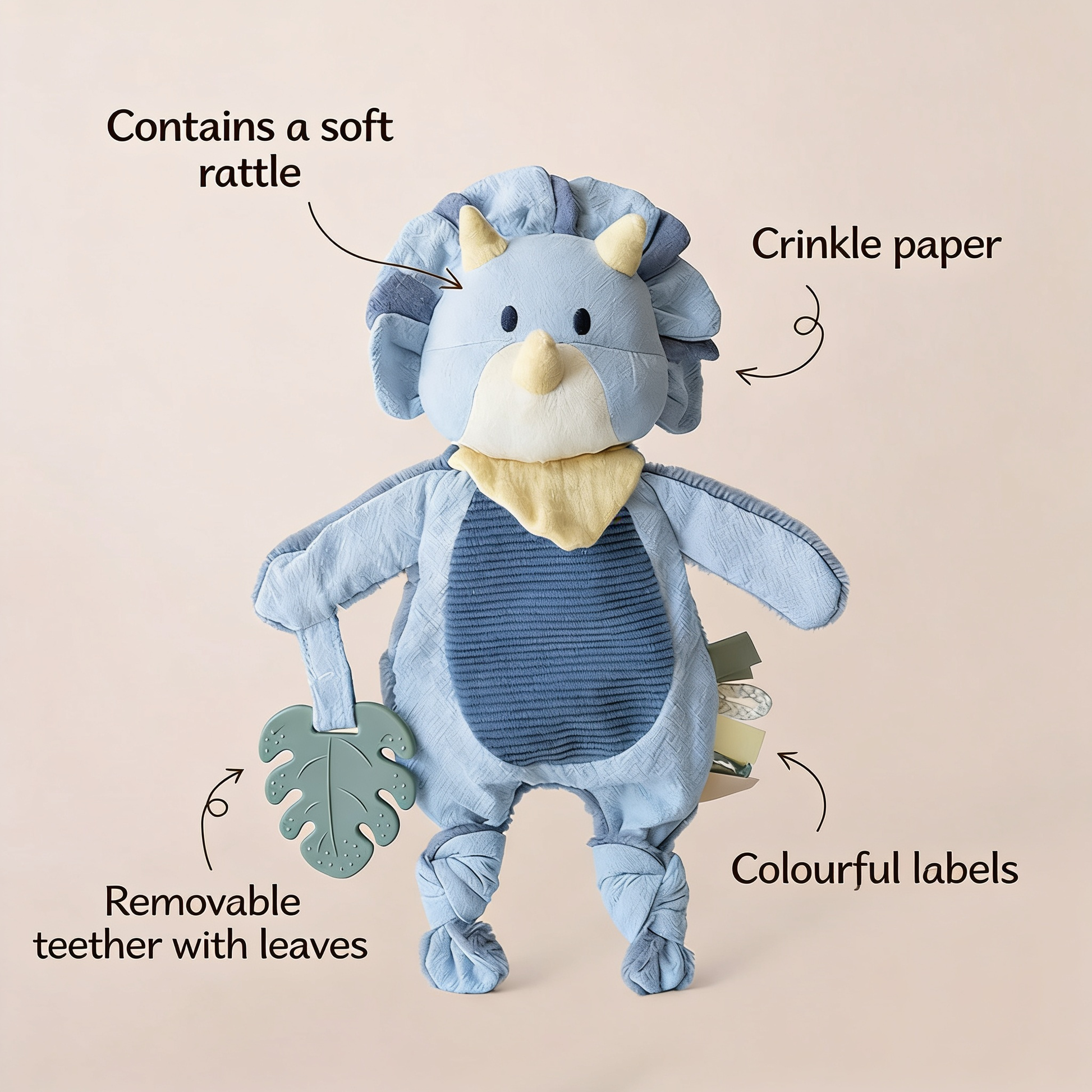 Contains a soft rattle. Crinkle paper. Removable teether with leaves. Colourful labels