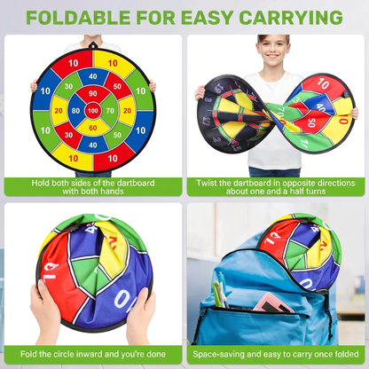 FOLDABLE FOR EASY CARRYING. Hold both sides of the dartboard with both hands. Twist the dartboard in opposite directions about one and a half turns. Fold the circle inward and you're done. Space-saving and easy to carry once folded