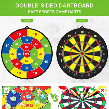 DOUBLE-SIDED DARTBOARD. SAFE SPORTS GAME DARTS. FRONT. BACK