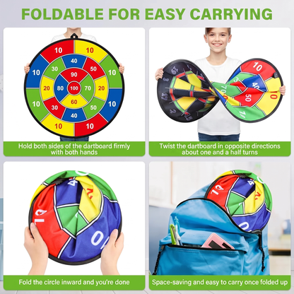 FOLDABLE FOR EASY CARRYING. Hold both sides of the dartboard firmly with both hands. Twist the dartboard in opposite directions about one and a half turns. Fold the circle inward and you're done. Space-saving and easy to carry once folded up