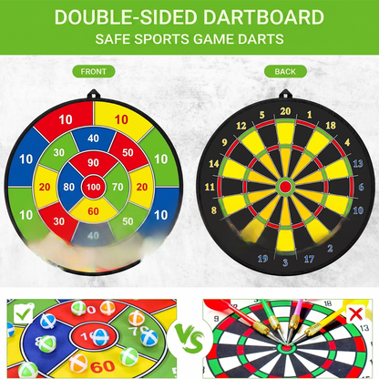 DOUBLE-SIDED DARTBOARD. SAFE SPORTS GAME DARTS. FRONT. BACK