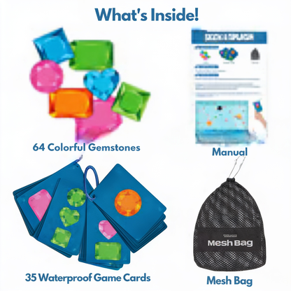 What's Inside!. 64 Colorful Gemstones. Manual. 35 Waterproof Game Cards. Mesh Bag