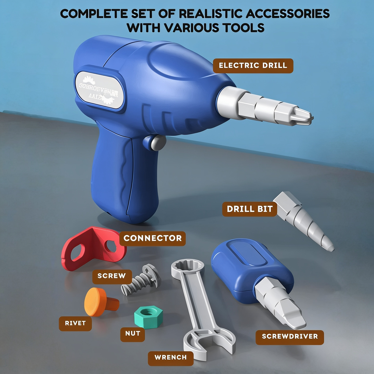 COMPLETE SET OF REALISTIC ACCESSORIES WITH VARIOUS TOOLS. ELECTRIC DRILL. DRILL BIT. CONNECTOR. SCREW. RIVET. NUT. WRENCH. SCREWDRIVER