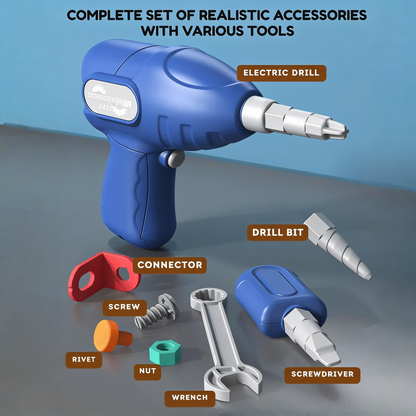 COMPLETE SET OF REALISTIC ACCESSORIES WITH VARIOUS TOOLS. ELECTRIC DRILL. DRILL BIT. CONNECTOR. SCREW. RIVET. NUT. WRENCH. SCREWDRIVER