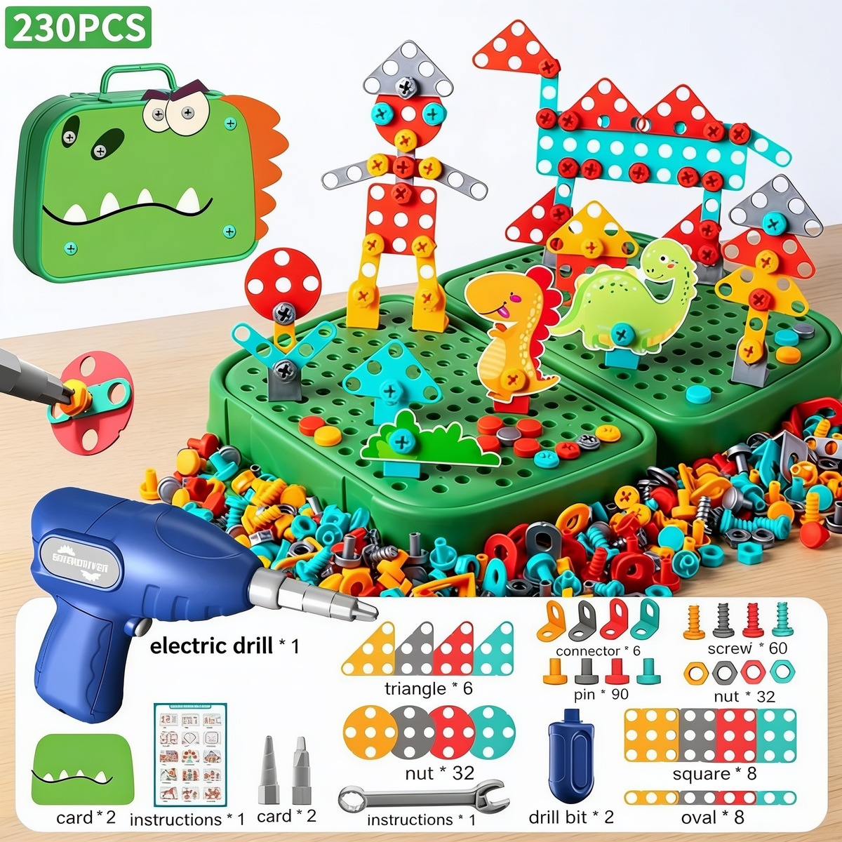 230PCS. electric drill * 1. card * 2. instructions * 1. drill bit * 2. wrench * 1. handle * 1. triangle * 8. circle * 8. connector * 6. pin * 90. screw * 60. nut * 32. square * 8. oval * 8