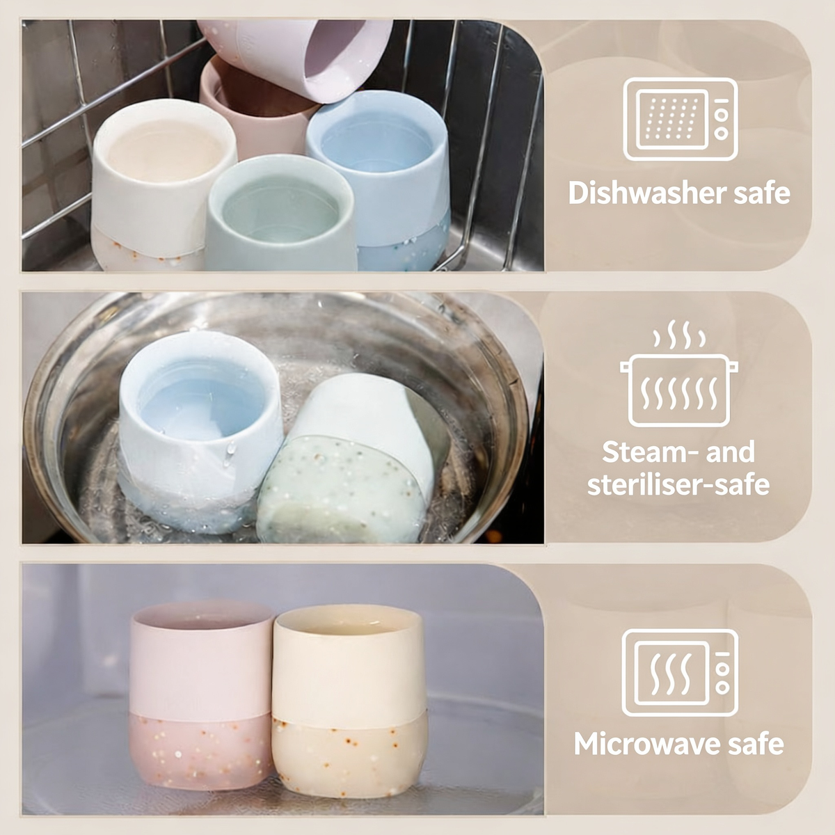 Dishwasher safe. Steam- and steriliser-safe. Microwave safe