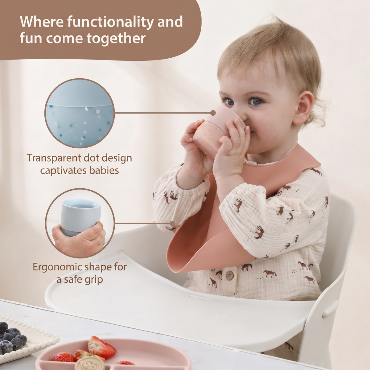 Where functionality and fun come together. Transparent dot design captivates babies. Ergonomic shape for a safe grip