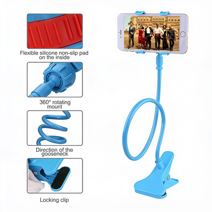 Flexible silicone non-slip pad on the inside. 360° rotating mount. Direction of the gooseneck. Locking clip