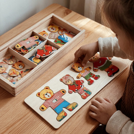 Mix & Match Berenpuzzel – Houten Berenfamilie Aankleedpuzzel