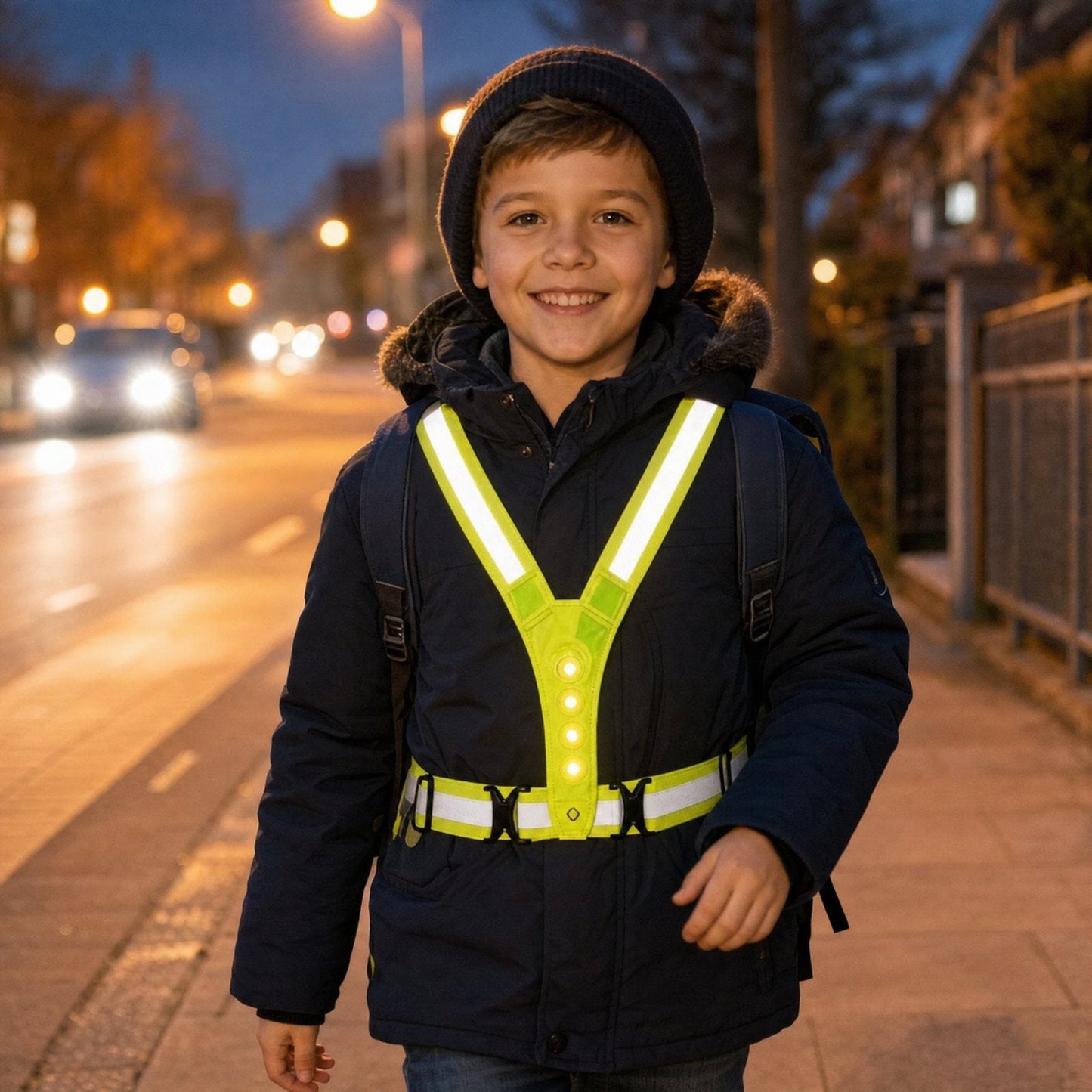 Kind met reflecterend hesje op weg naar school