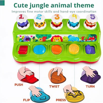 Cute jungle animal theme. Improves fine motor skills and hand-eye coordination. PUSH. FLIP. TWIST. PRESS. TURN
