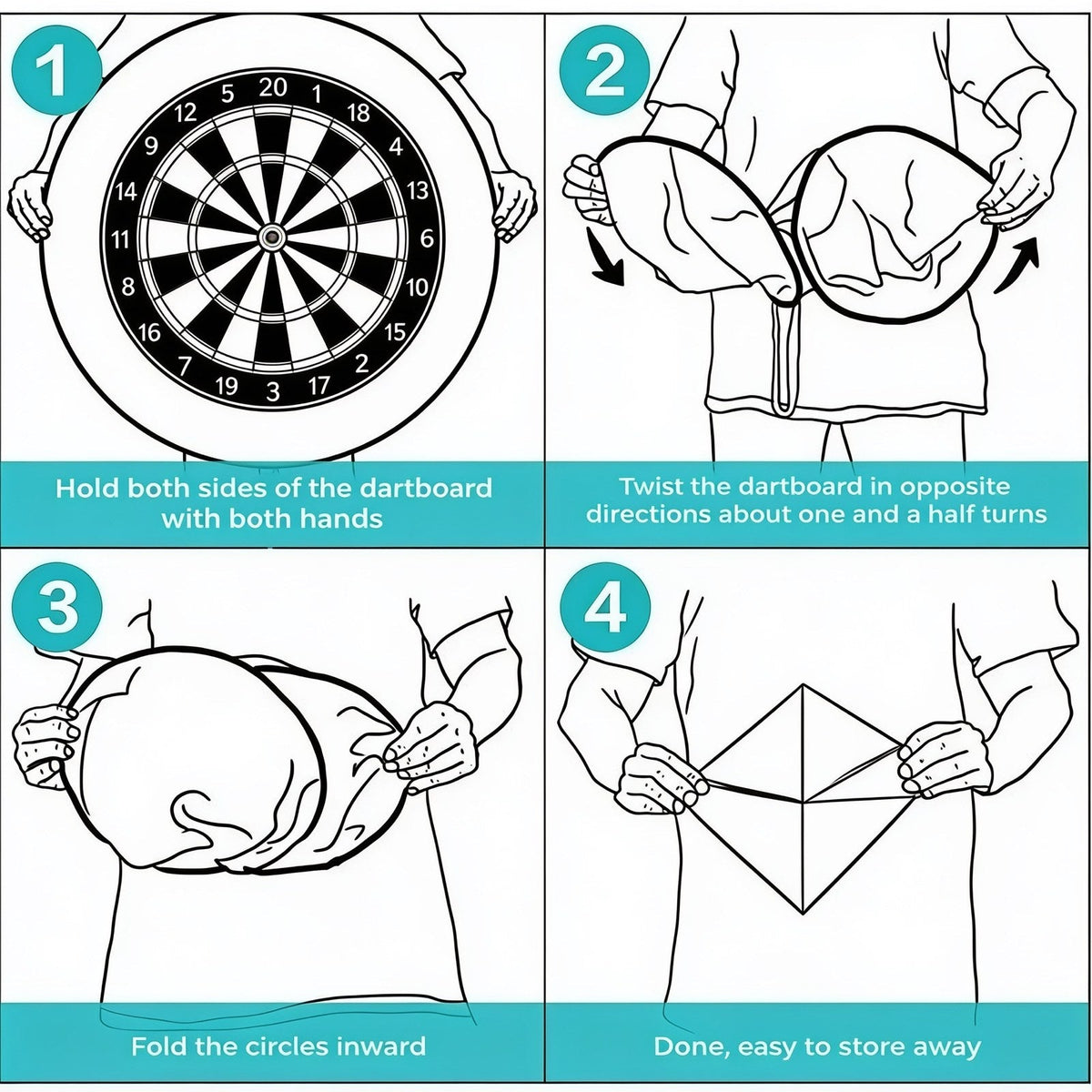 Hold both sides of the dartboard with both hands. Twist the dartboard in opposite directions about one and a half turns. Fold the circles inward. Done, easy to store away
