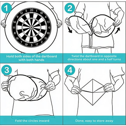 Hold both sides of the dartboard with both hands. Twist the dartboard in opposite directions about one and a half turns. Fold the circles inward. Done, easy to store away