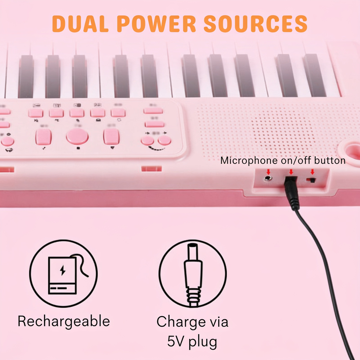 DUAL. POWER SOURCES. Rechargeable. Charge via. 5V plug. Microphone on/off button