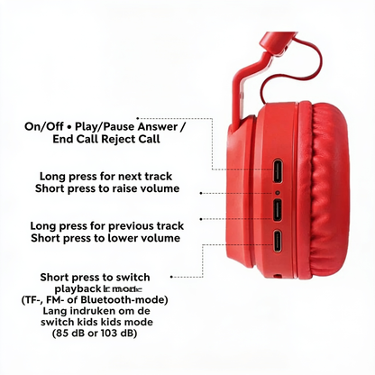 On/Off • Play/Pause
Answer / End Call
Reject Call. Long press for next track
Short press to raise volume. Long press for previous track
Short press to lower volume. Short press to switch playback mode
(TF-, FM- or Bluetooth mode)
Long press to switch
