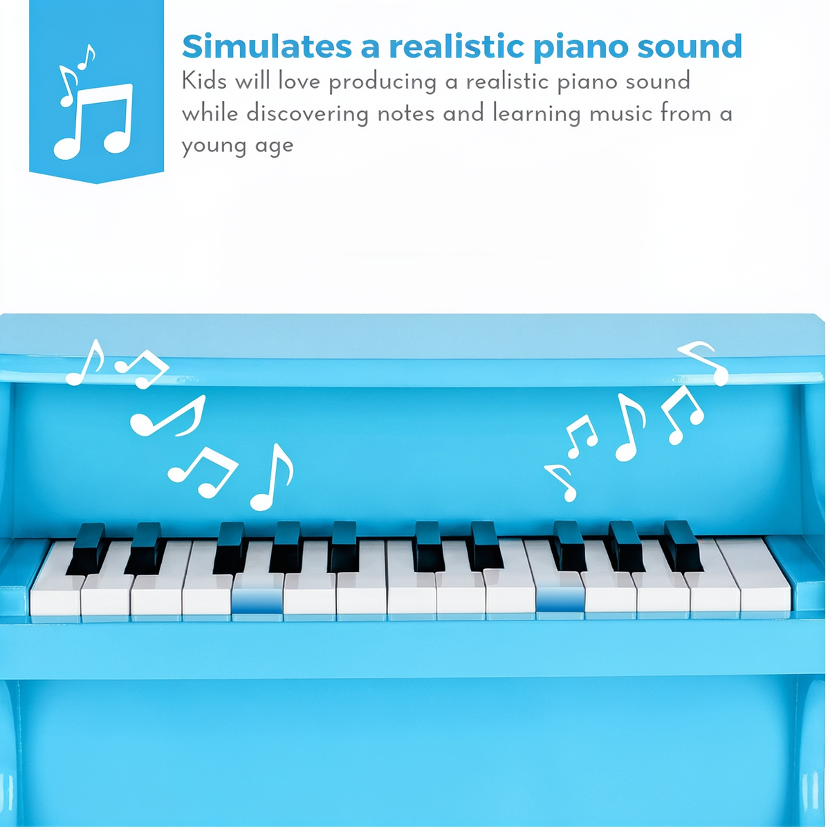 Simulates a realistic piano sound. Kids will love producing a realistic piano sound while discovering notes and learning music from a young age