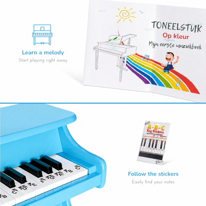 Learn a melody. Start playing right away. Follow the stickers. Easily find your notes