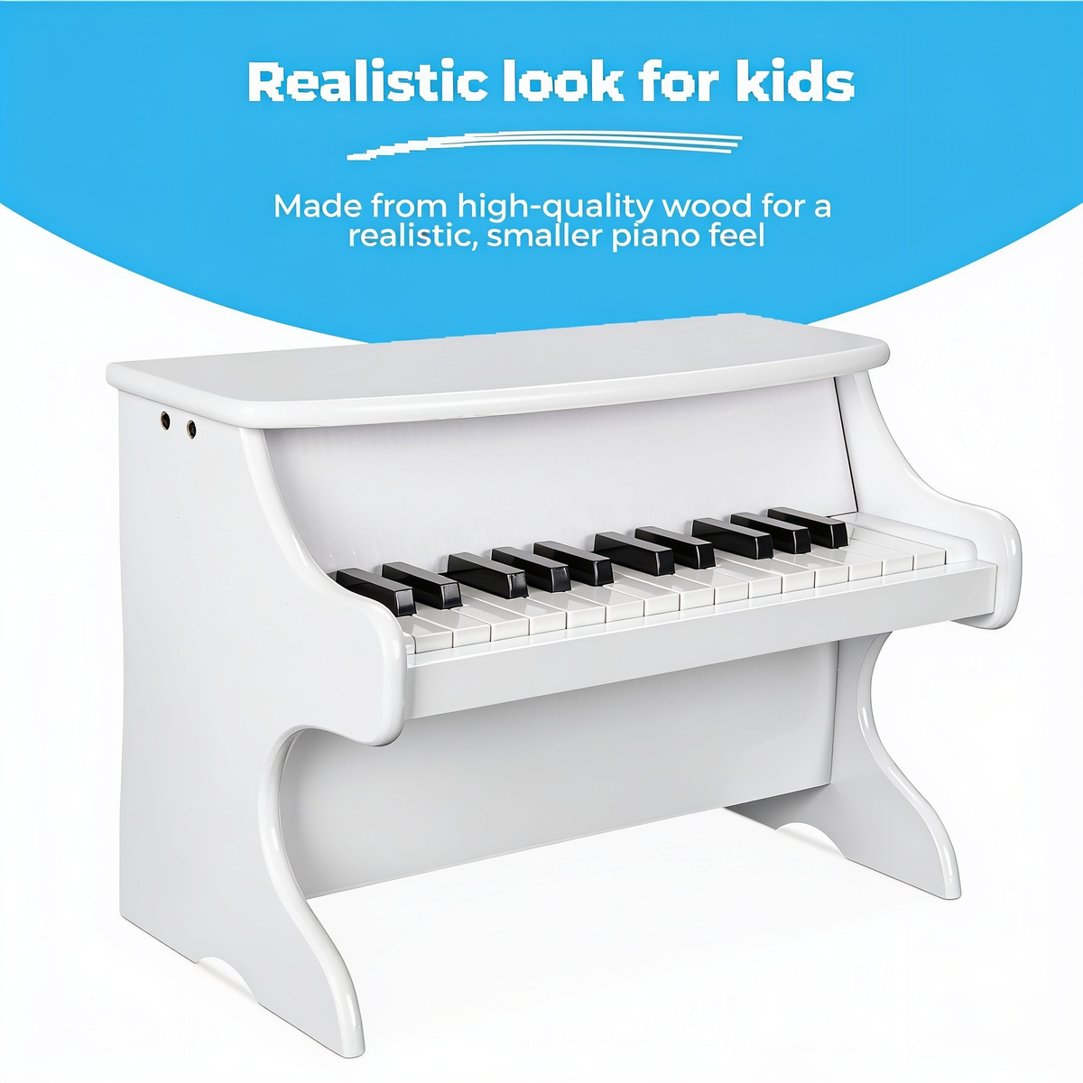Realistic look for kids. Made from high-quality wood for a realistic, smaller piano feel
