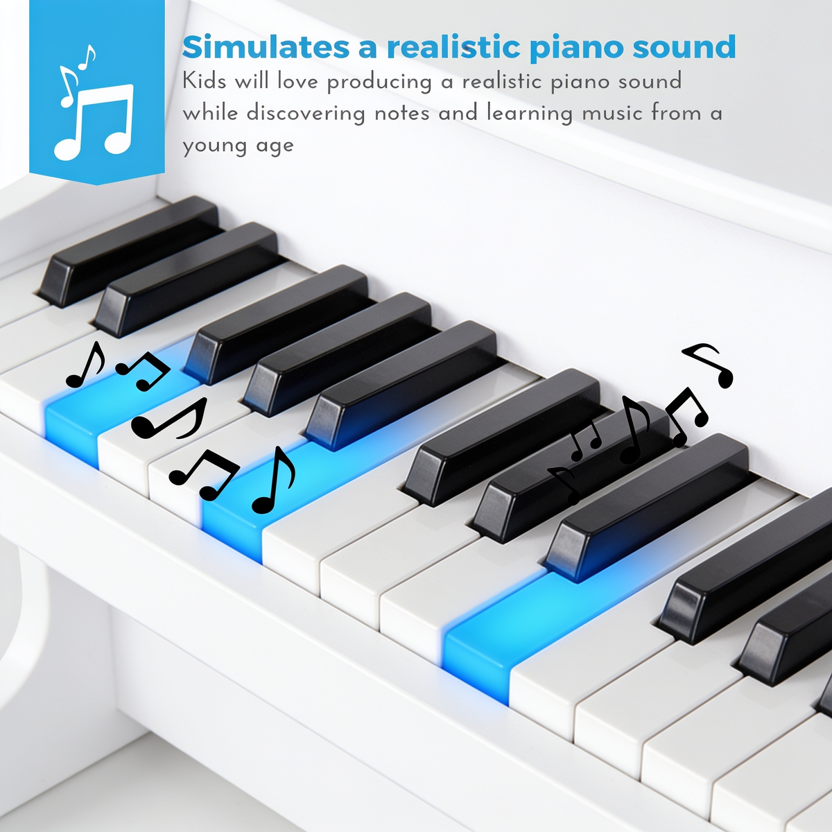 Simulates a realistic piano sound. Kids will love producing a realistic piano sound while discovering notes and learning music from a young age