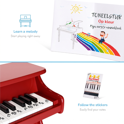 Learn a melody. Start playing right away. Follow the stickers. Easily find your notes