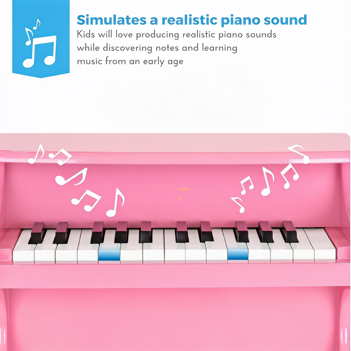 Simulates a realistic piano sound. Kids will love producing realistic piano sounds while discovering notes and learning music from an early age
