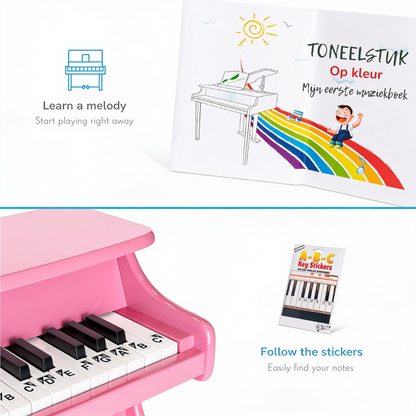 Learn a melody. Start playing right away. Follow the stickers. Easily find your notes