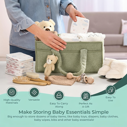 High-Quality Materials. Versatile. Easy To Carry Along. Perfect As A Gift. Easy To Use. Make Storing Baby Essentials Simple. Big enough to store dozens of baby items, like baby toys, diapers, baby clothes, baby wipes, bibs and other baby essentials!
