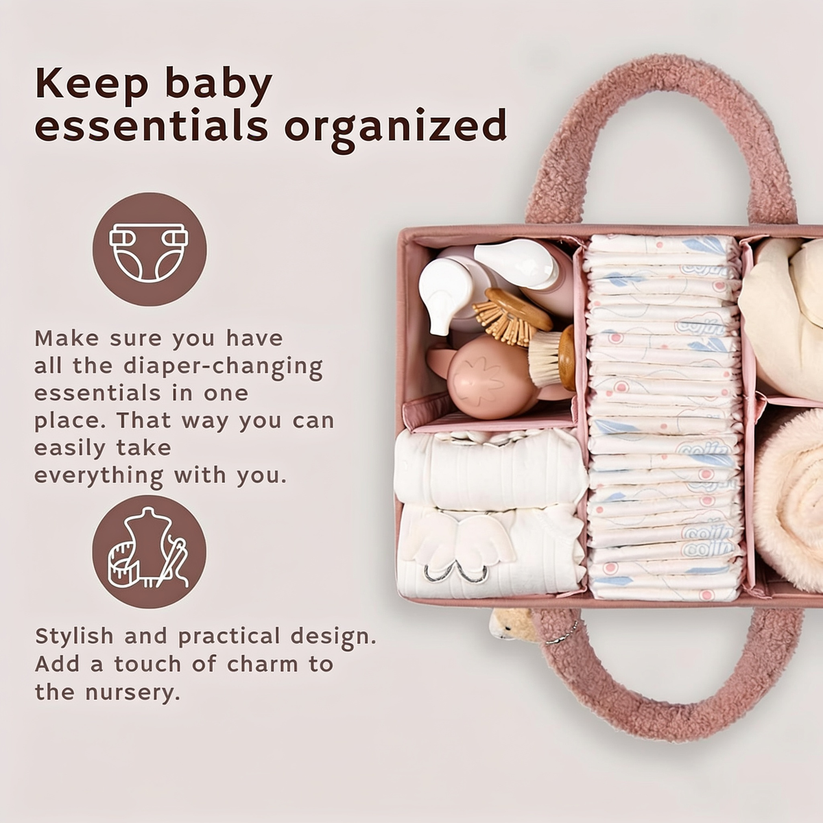 Keep baby essentials organized. Make sure you have all the diaper-changing essentials in one place.
That way you can easily take everything with you.. Stylish and practical design.
Add a touch of charm to the nursery.
