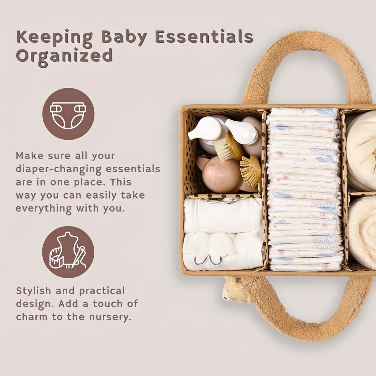 Keeping Baby Essentials Organized. Make sure all your diaper-changing essentials are in one place. This way you can easily take everything with you.. Stylish and practical design. Add a touch of charm to the nursery.