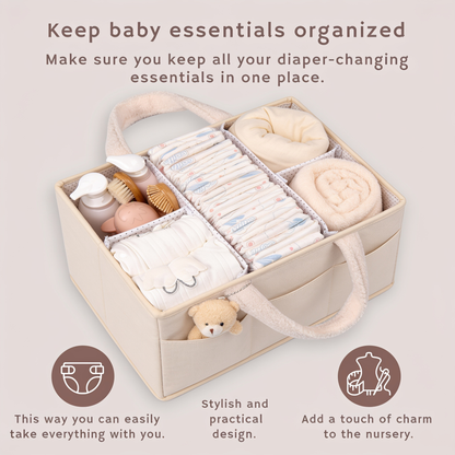 Keep baby essentials organized. Make sure you keep all your diaper-changing essentials in one place.. This way you can easily take everything with you.. Stylish and practical design.. Add a touch of charm to the nursery.
