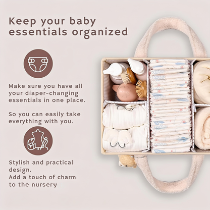 Keep your baby essentials organized. Make sure you have all your diaper-changing essentials in one place.. So you can easily take everything with you.. Stylish and practical design.. Add a touch of charm to the nursery.