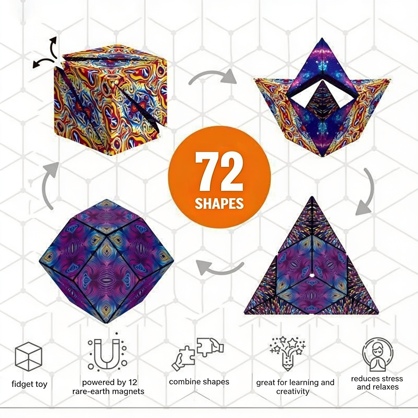 72. SHAPES. fidget toy. powered by 12 rare-earth magnets. combine shapes. great for learning and creativity. reduces stress and relaxes