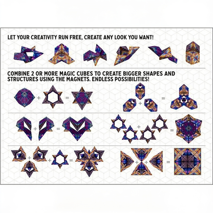 LET YOUR CREATIVITY RUN FREE, CREATE ANY LOOK YOU WANT!. COMBINE 2 OR MORE MAGIC CUBES TO CREATE BIGGER SHAPES AND STRUCTURES USING THE MAGNETS. ENDLESS POSSIBILITIES!