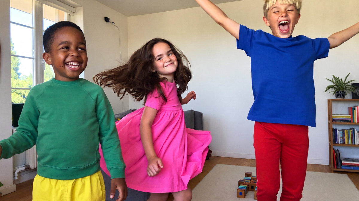 Drei Kinder in bunter Kleidung tanzen und springen im Wohnzimmer