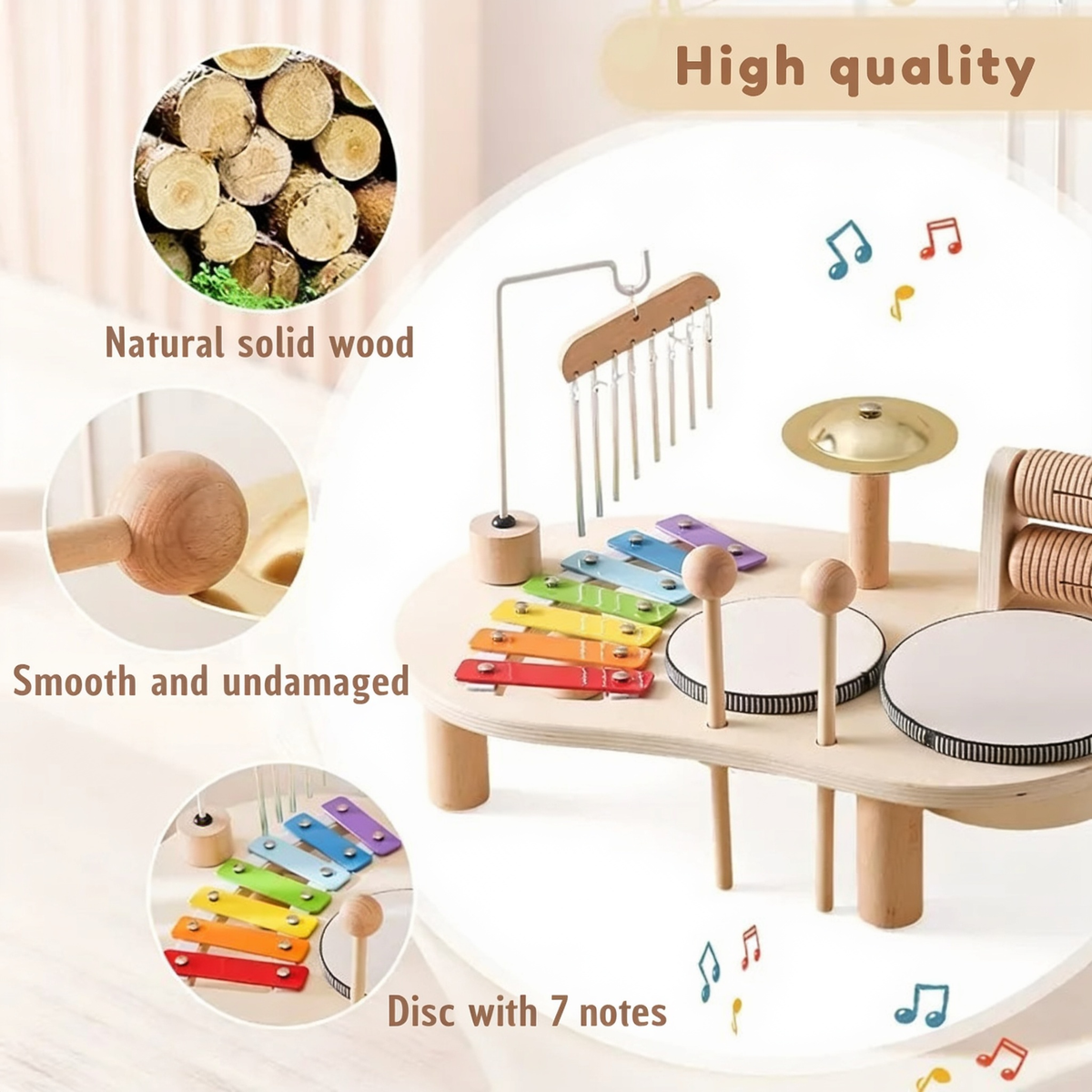 High quality. Natural solid wood. Smooth and undamaged. Disc with 7 notes