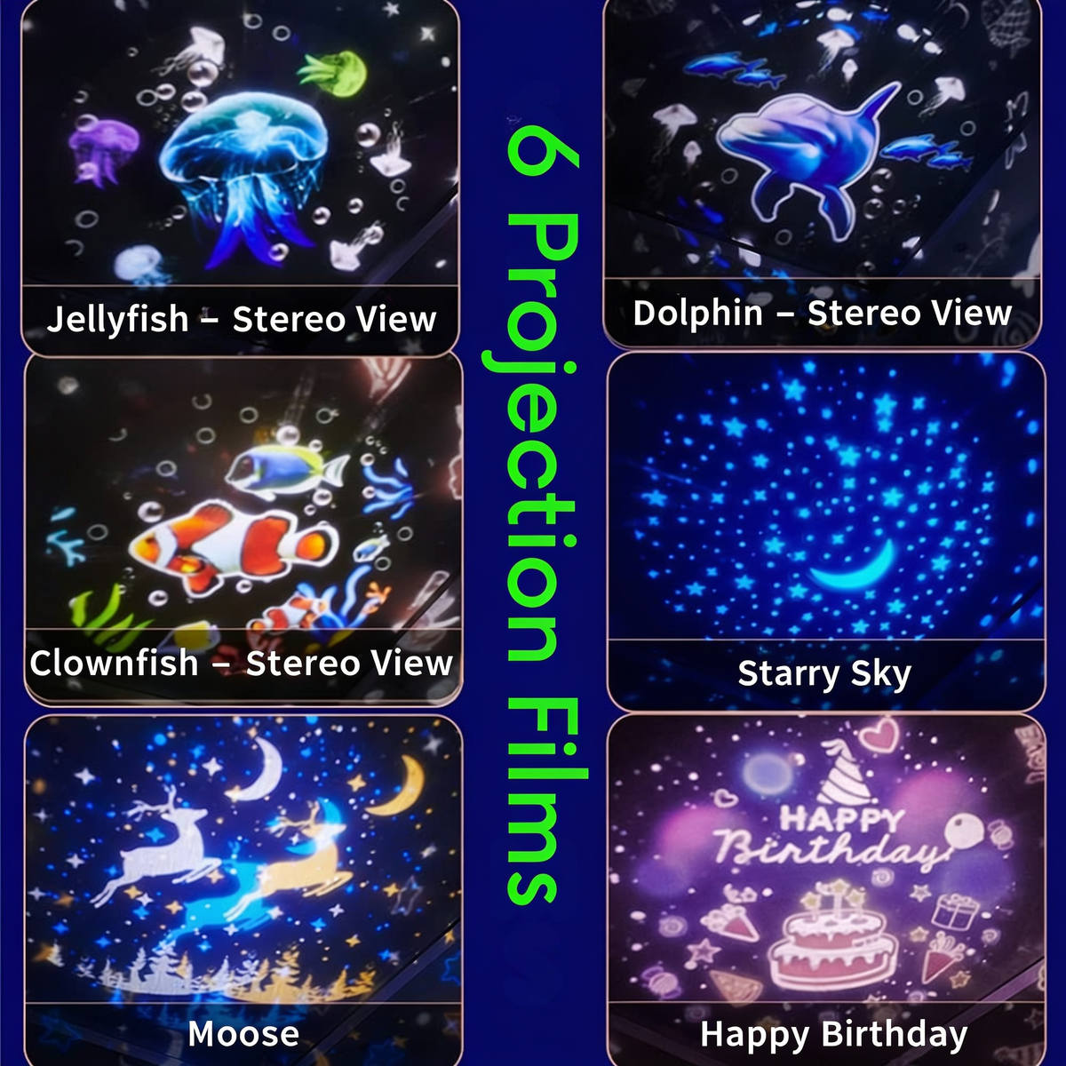 6 Projection Films. Jellyfish – Stereo View. Dolphin – Stereo View. Clownfish – Stereo View. Starry Sky. Moose. Happy Birthday