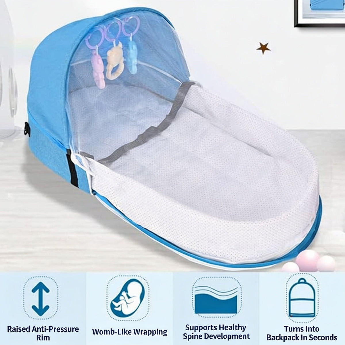Raised Anti-Pressure Rim. Womb-Like Wrapping. Supports Healthy Spine Development. Turns Into Backpack In Seconds