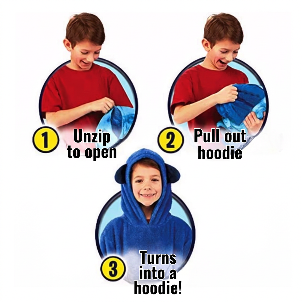 1. Unzip to open. 2. Pull out hoodie. 3. Turns into a hoodie!
