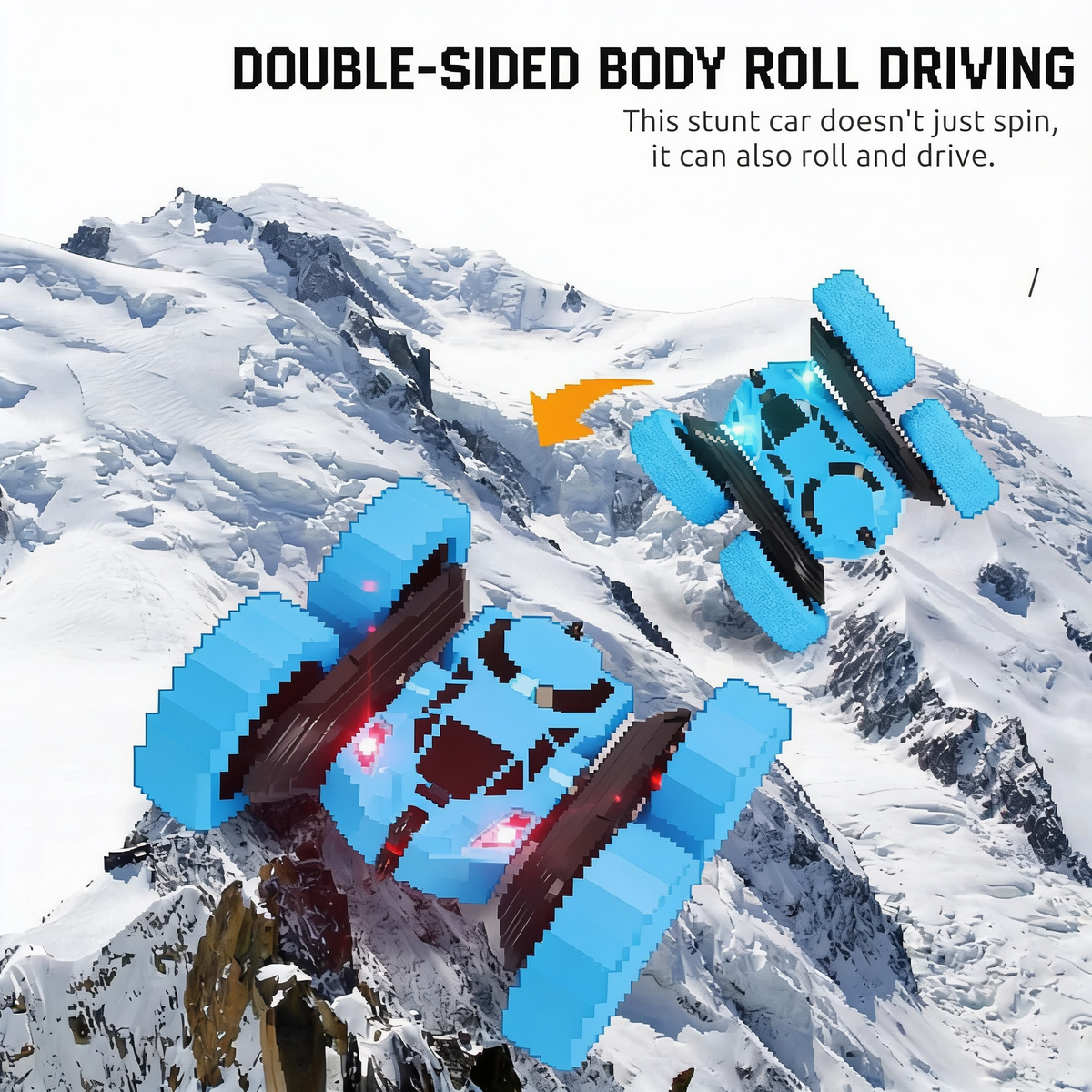 DOUBLE-SIDED BODY ROLL DRIVING. This stunt car doesn't just spin, it can also roll and drive.