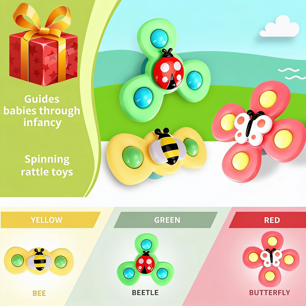 Guides babies through infancy. Spinning rattle toys. YELLOW. GREEN. RED. BEE. BEETLE. BUTTERFLY