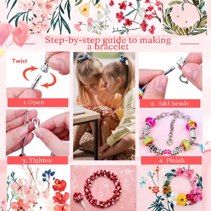 Step-by-step guide to making a bracelet. Twist. 1. Open. 2. Add beads. 3. Tighten. 4. Finish