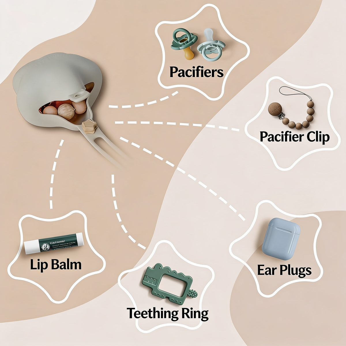 Pacifiers. Pacifier Clip. Lip Balm. Teething Ring. Ear Plugs