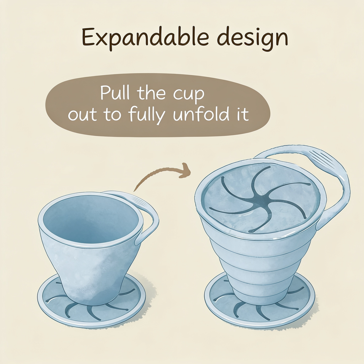Expandable design. Pull the cup out to fully unfold it